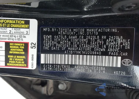 2019 Toyota Camry Se from USA, damaged, VIN 4T1B11HK1KU209840